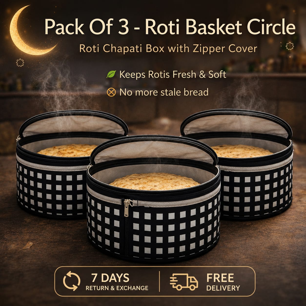 Pack Of 3 - Roti Basket Circle – Roti Chapati Box with Zipper Cover Just Rs. 1099 Only