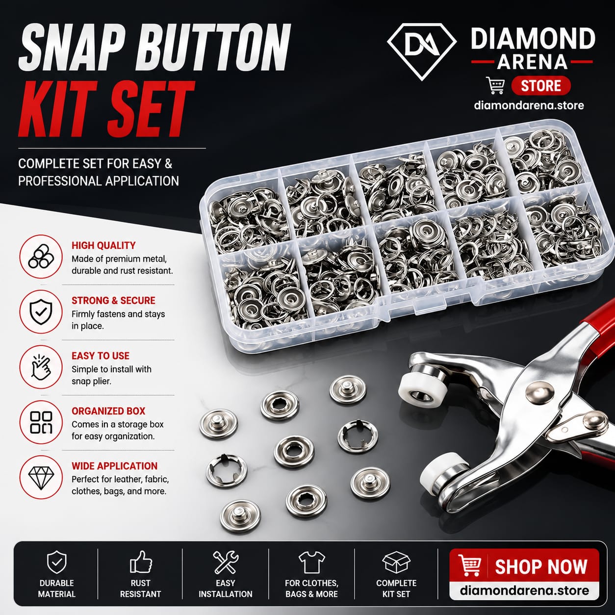 Full Body Metal Snap Button Set with Hand Pressure Plier Button Press