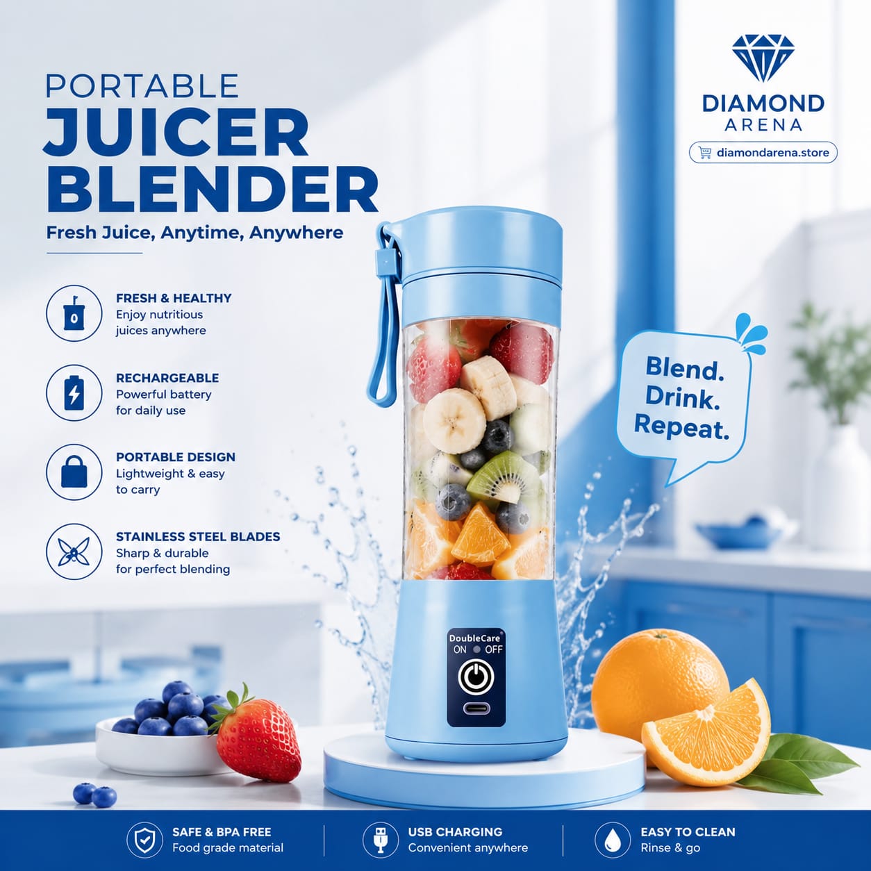 USB Rechargeable Juicer 6 Blades Electric Blender Portable Mixer